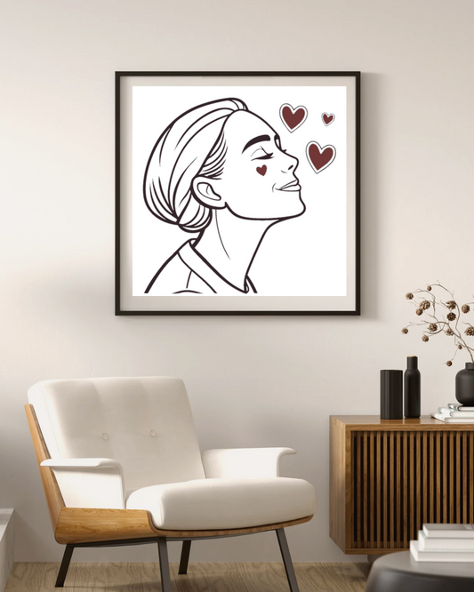Cadre moderne présentant une femme souriante entourée de cœurs, dessin épuré