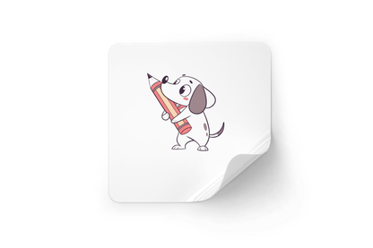 Sticker avec un chien curieux tenant un crayon décoratif et éducatif