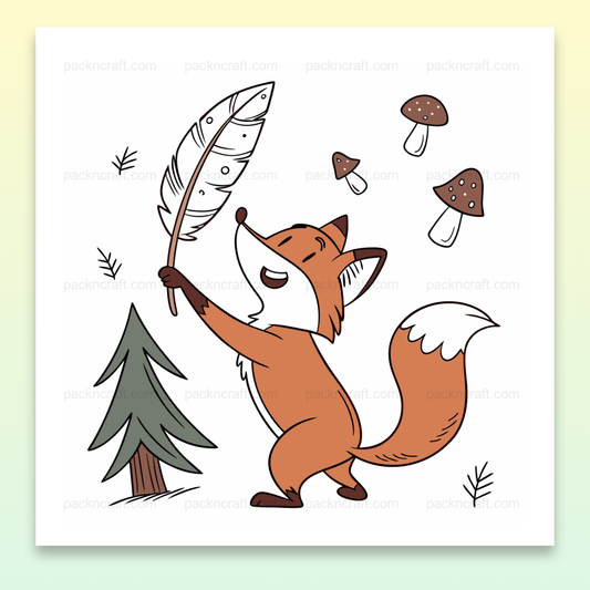 Illustration d'un renard joyeux tenant une plume en style doodle, idéale pour DIY et papeterie.