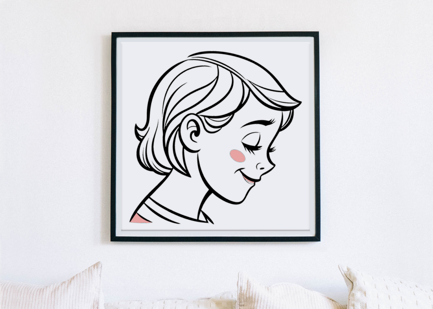 Cadre avec silhouette minimaliste d’une fille rêveuse affichant un sourire enfantin