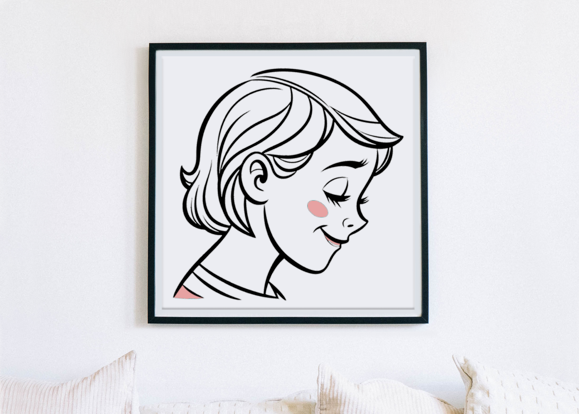 Cadre avec silhouette minimaliste d’une fille rêveuse affichant un sourire enfantin