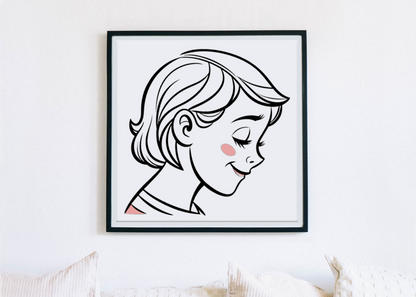 Cadre avec silhouette minimaliste d’une fille rêveuse affichant un sourire enfantin