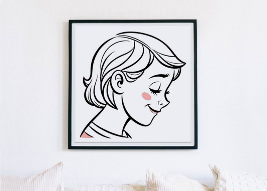 Cadre avec silhouette minimaliste d’une fille rêveuse affichant un sourire enfantin