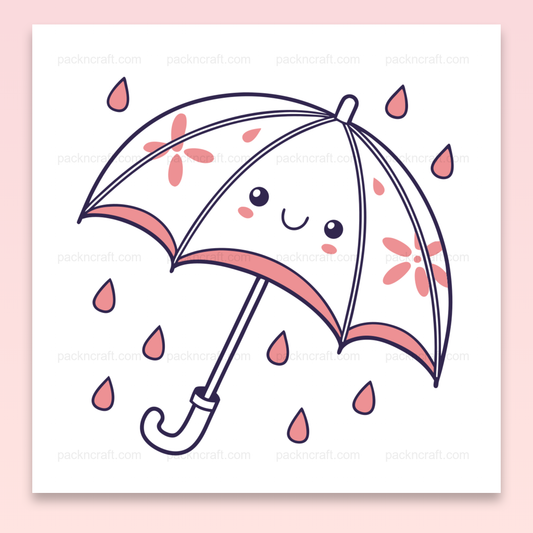 Illustration kawaii de parapluie souriant sous la pluie, usage DIY et papeterie.