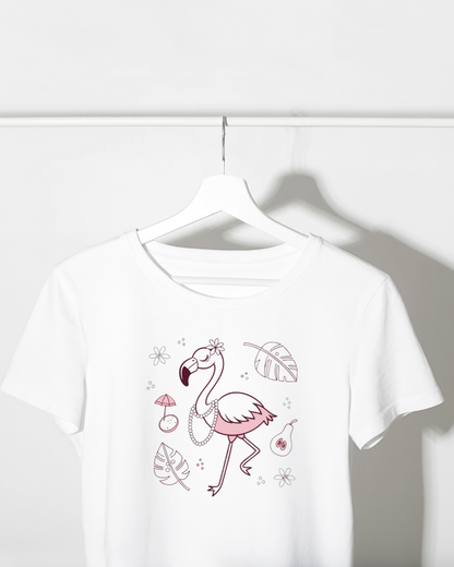 T-shirt avec motif flamant chic dans un style tropical, parfait pour une allure élégante