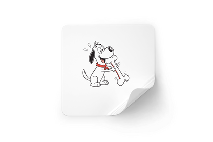 Sticker coloré montrant un chien joyeux jouant avec un os compagnon adorable
