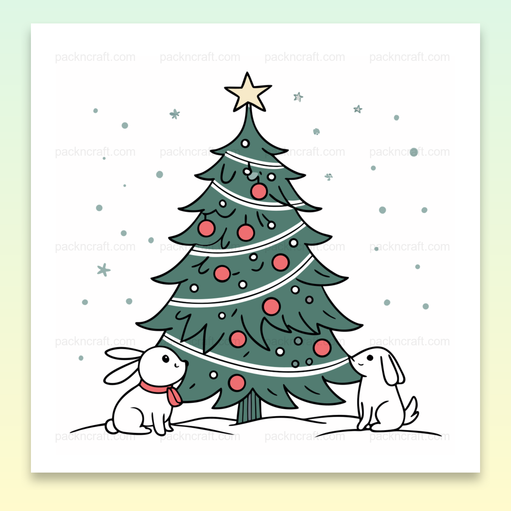 Lapins festifs admirant un sapin de Noël, illustration SVG parfaite pour décorations hivernales