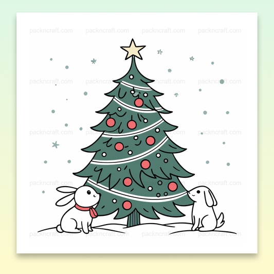 Lapins festifs admirant un sapin de Noël, illustration SVG parfaite pour décorations hivernales