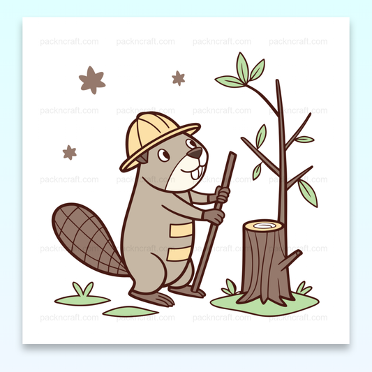 Illustration stylisée d'un castor avec un casque travaillant dans la forêt, idéale pour DIY.