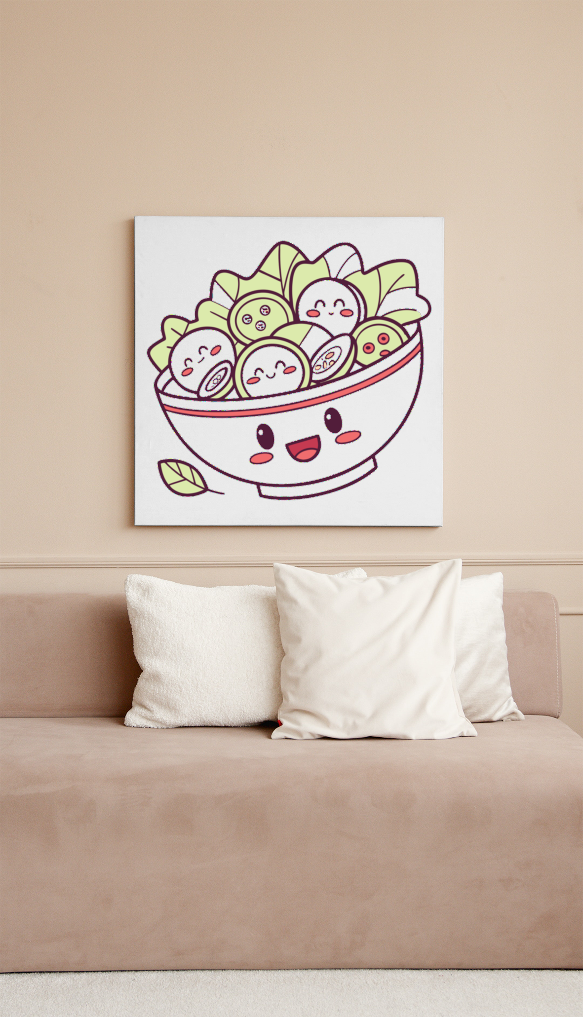 Cadre déco avec une joyeuse salade sushi kawaii dans un style minimaliste éclatant