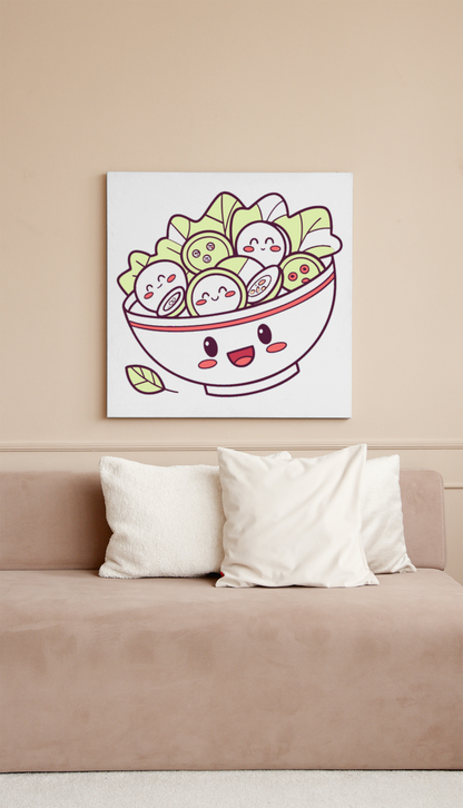 Cadre déco avec une joyeuse salade sushi kawaii dans un style minimaliste éclatant