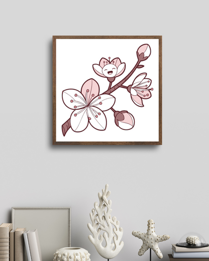 Cadre avec fleur de cerisier joyeuse en style doodle, ambiance zen et printanière