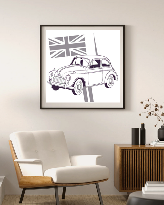 Cadre illustrant le Morris Minor classique, parfait pour une ambiance rétro.