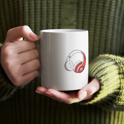 Mug moderne avec casque audio vibrant illustré dans un style unique et coloré