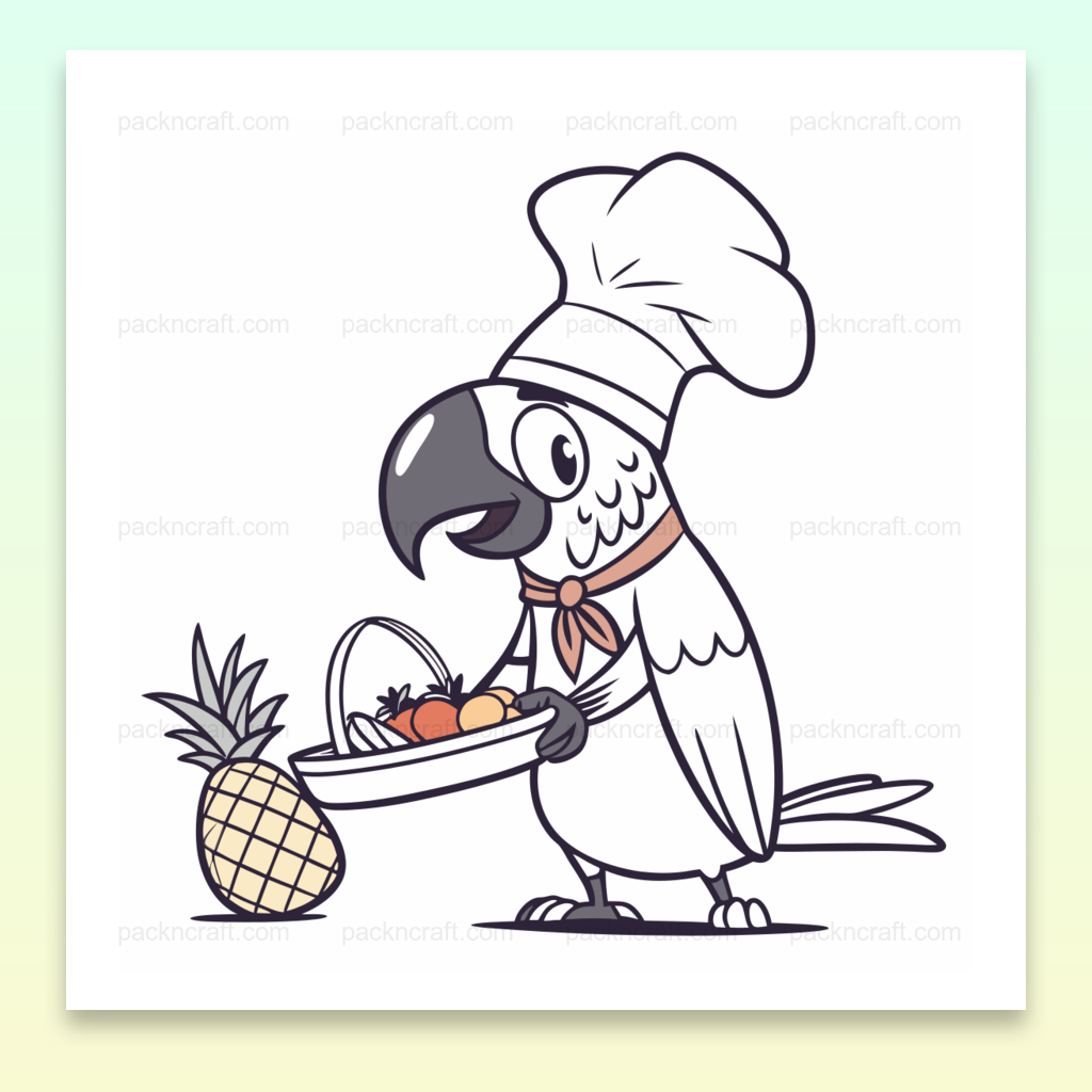 Illustration vectorielle d'un perroquet chef portant un panier de fruits, idéale pour la décoration de cuisine et les projets éducatifs.