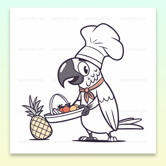 Illustration vectorielle d'un perroquet chef portant un panier de fruits, idéale pour la décoration de cuisine et les projets éducatifs.