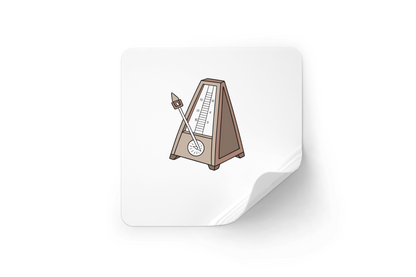 Sticker avec métronome cartoon vibrant sur fond musical dynamique