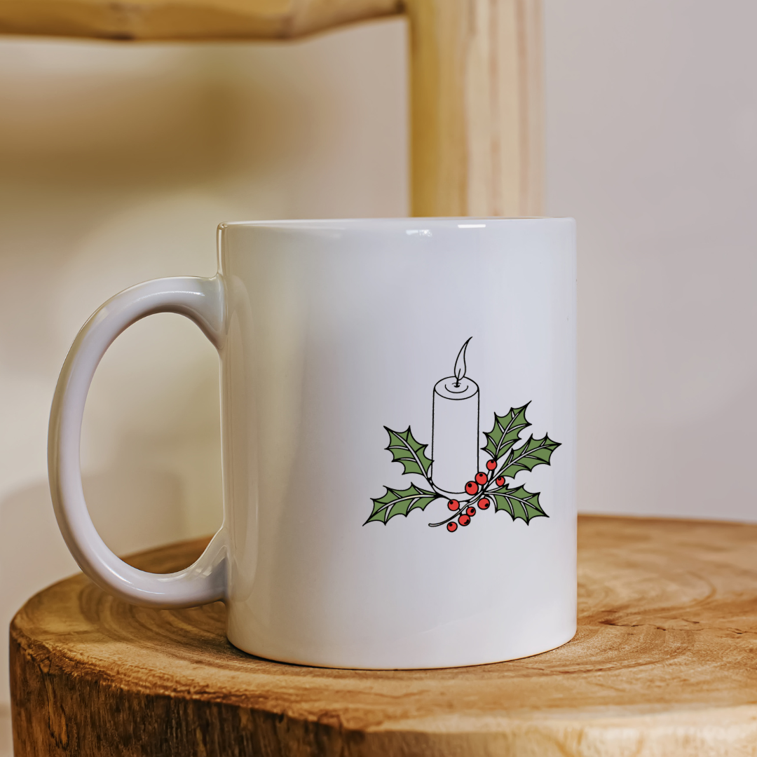 Mug festif avec une bougie de Noël allumée en icône numérique décorative