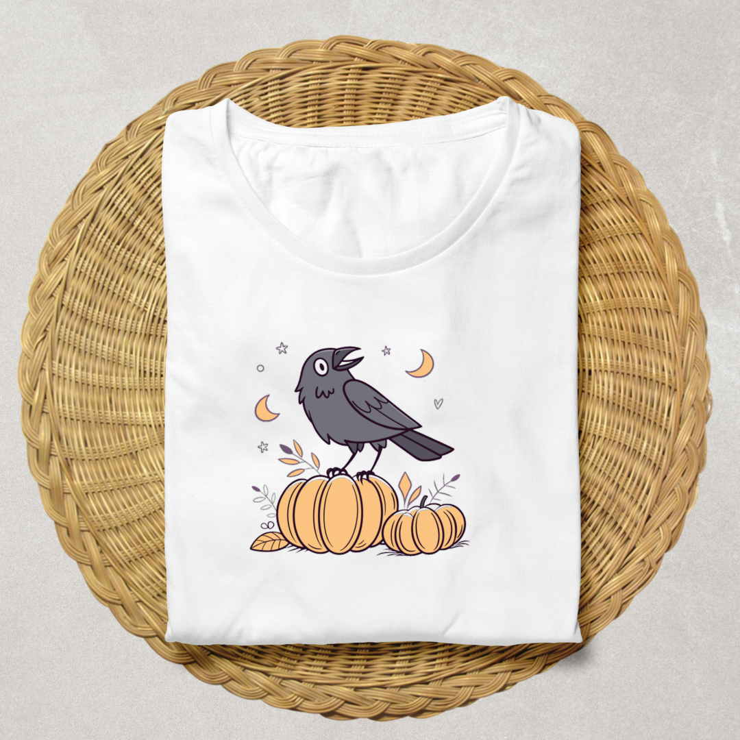 T-shirt avec corbeau chantant et citrouille sur fond halloween ludique et coloré
