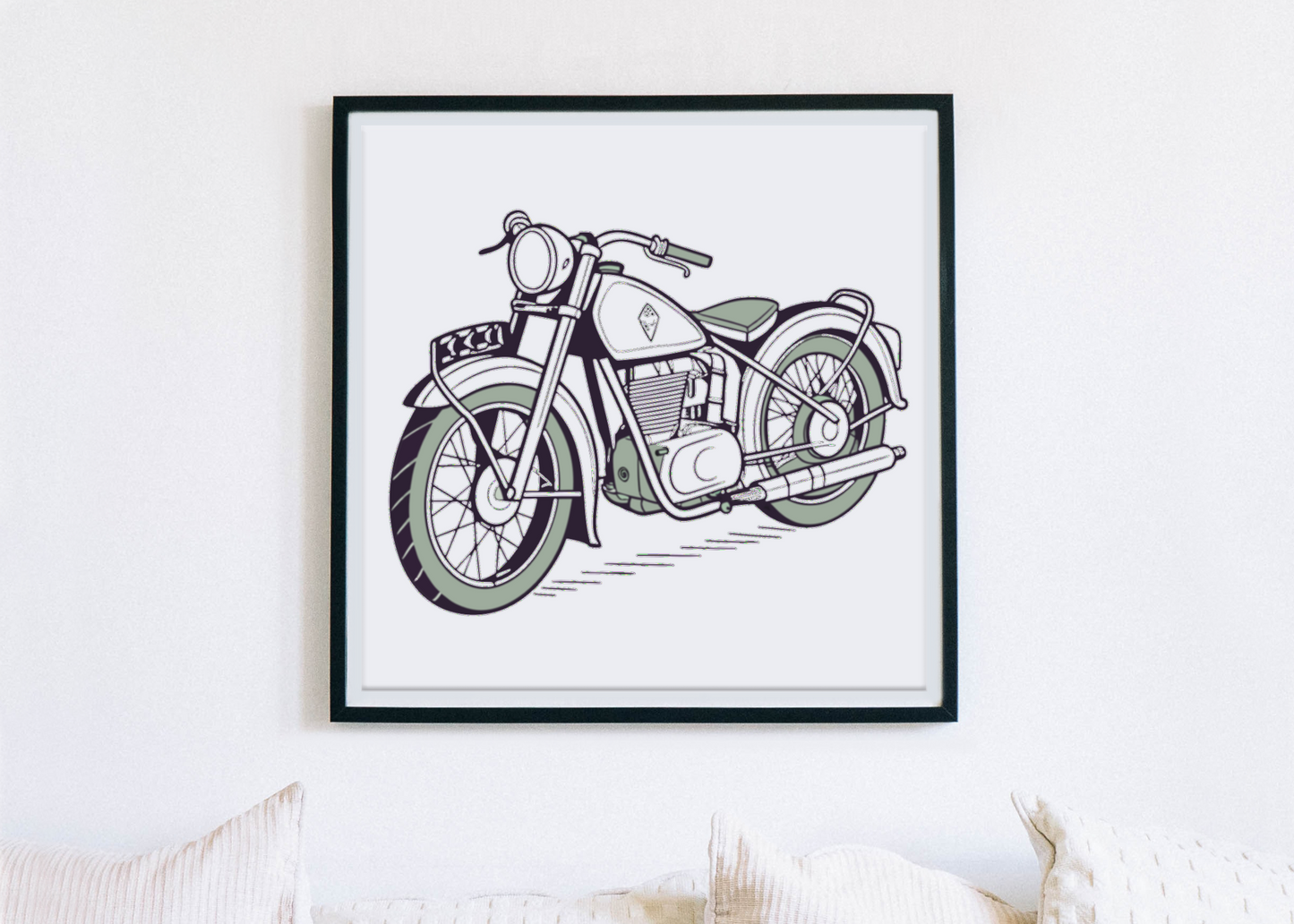 Cadre avec Royal Enfield Bullet 1931, ambiance rétro.