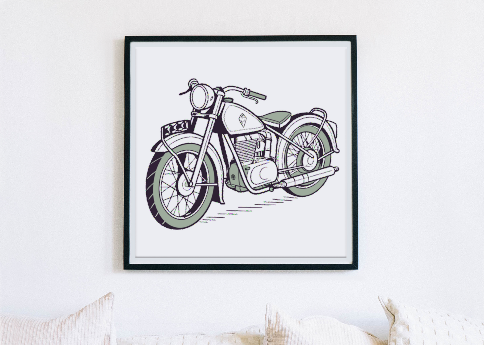 Cadre avec Royal Enfield Bullet 1931, ambiance rétro.