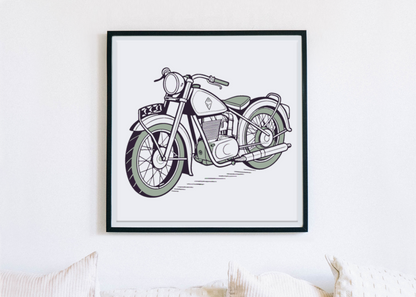 Cadre avec Royal Enfield Bullet 1931, ambiance rétro.