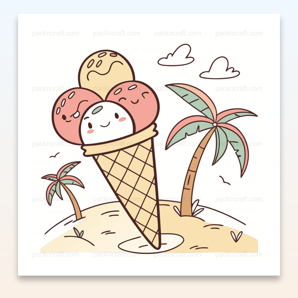 Illustration SVG de glace souriante à la plage, style doodle pour projets créatifs estivaux