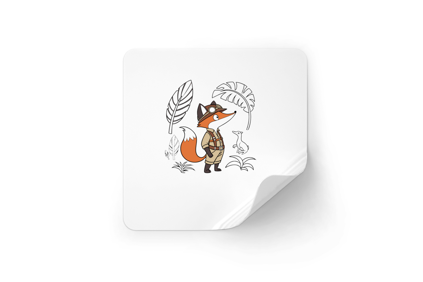 Sticker avec renard explorateur et dinosaure style jungle vibrant et ludique