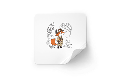 Sticker avec renard explorateur et dinosaure style jungle vibrant et ludique