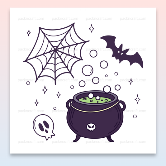 Illustration de chaudron et symboles mystiques pour Halloween, utilisable pour stickers et déco