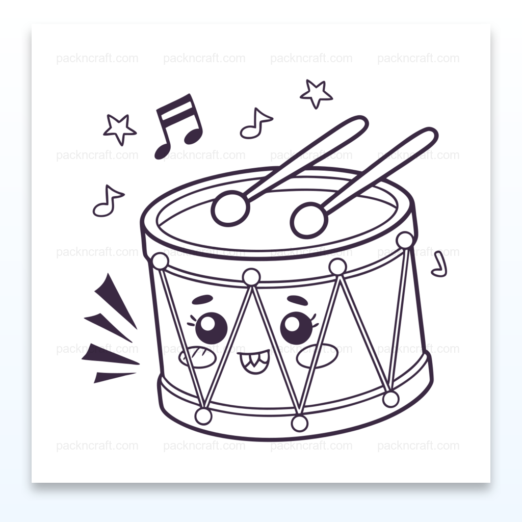 Adorable bébé tambour kawaii avec des notes de musique, idéal pour des projets créatifs.