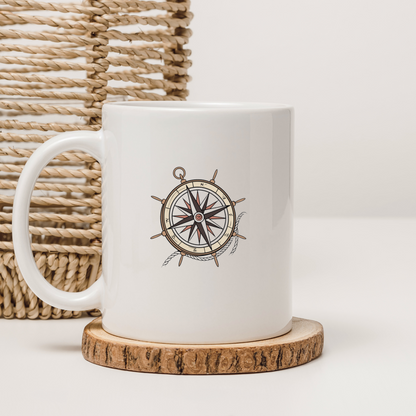 Mug avec motif rose des vents classique sur fond nautique épuré design élégant