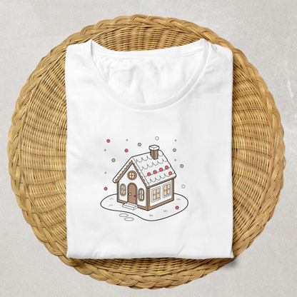 T-shirt festif orné d'une maison de pain d'épices enneigée pour Noël