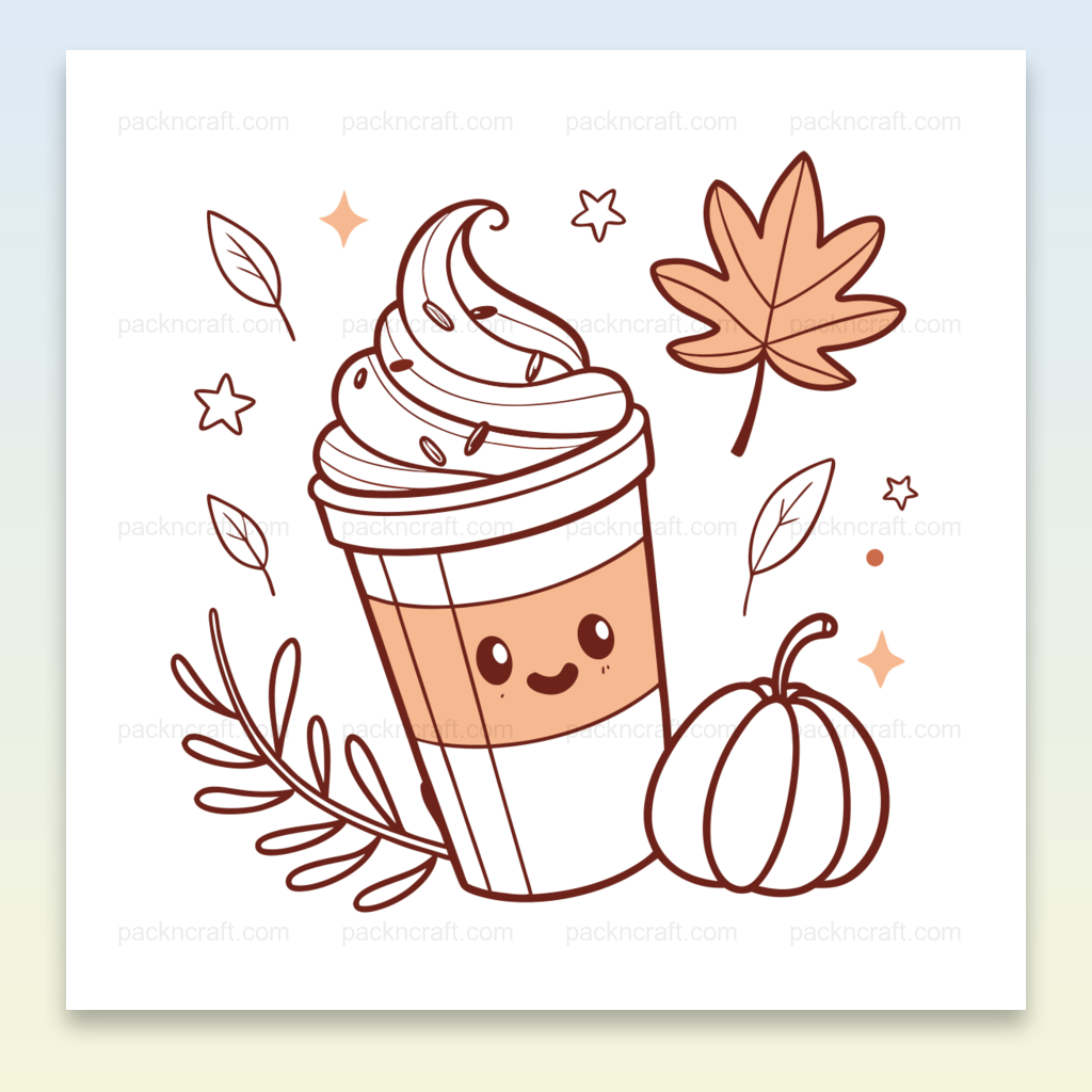 Illustration de boisson latté souriante en automne avec feuilles et citrouille.
