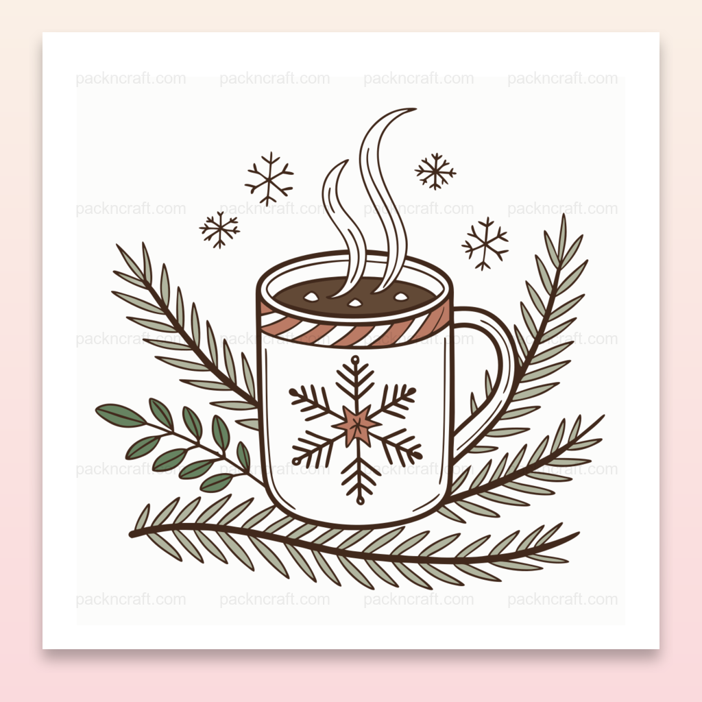 Illustration vectorielle d'une tasse de chocolat chaud entourée de branches de sapin et de flocons de neige, pour usage en décoration et papeterie.