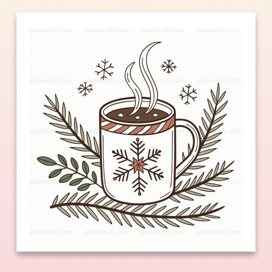 Illustration vectorielle d'une tasse de chocolat chaud entourée de branches de sapin et de flocons de neige, pour usage en décoration et papeterie.