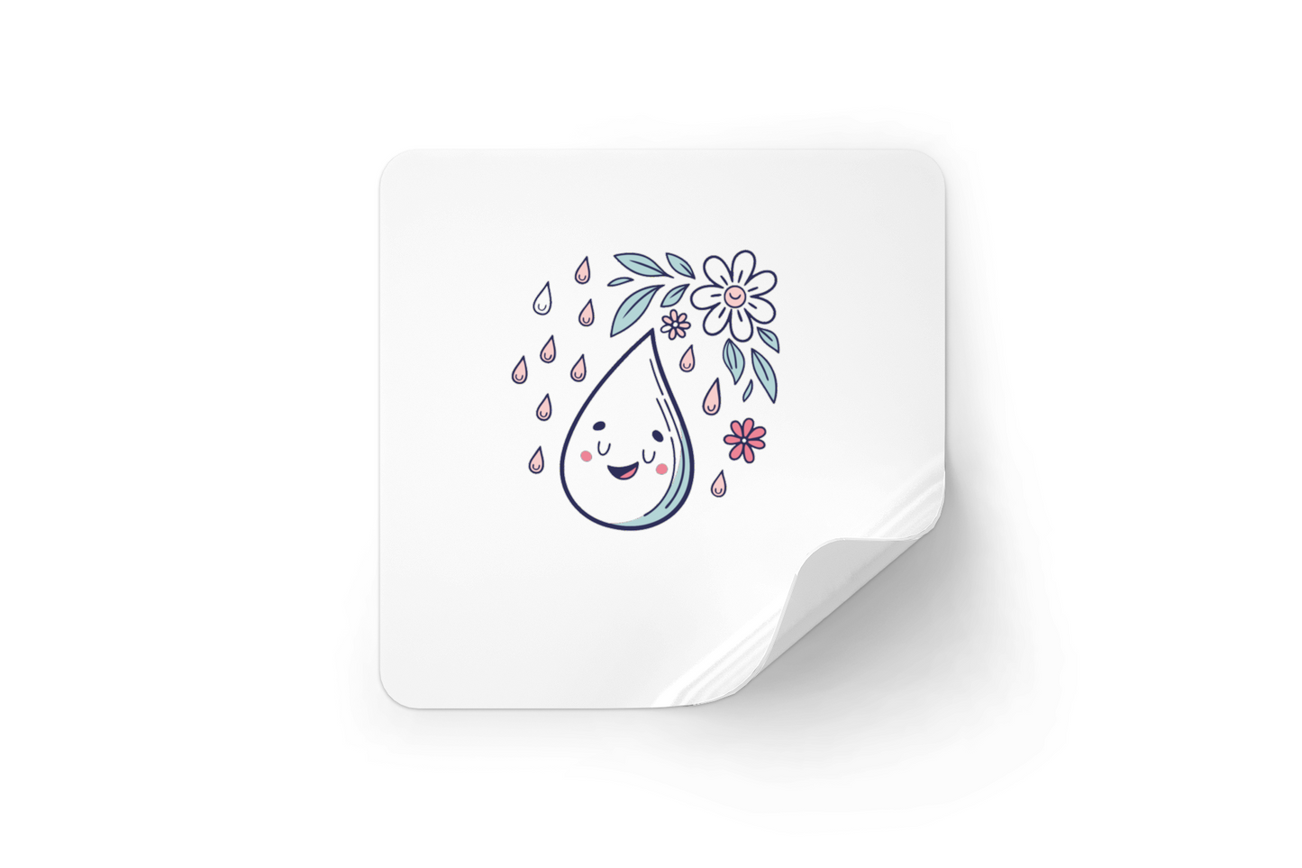Sticker avec goutte souriante sous la pluie en style pastel printanier