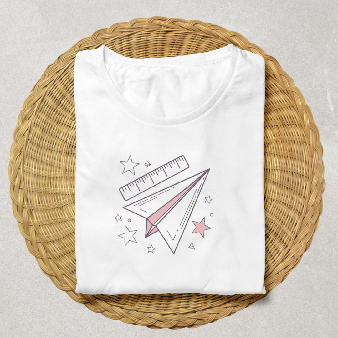 T-shirt affichant un avion en papier rêveur dans un style minimaliste et éducatif
