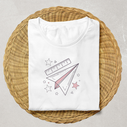 T-shirt affichant un avion en papier rêveur dans un style minimaliste et éducatif