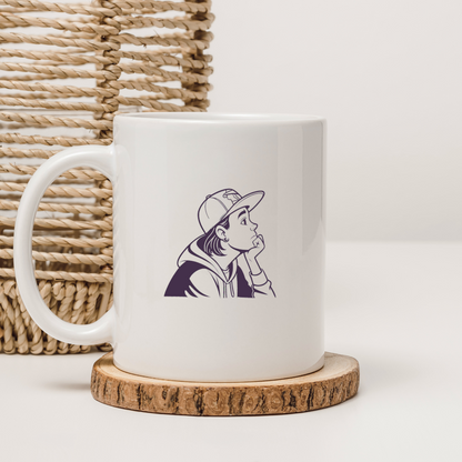 Mug avec dessin vectoriel de jeune portant une casquette dans un style urbain moderne