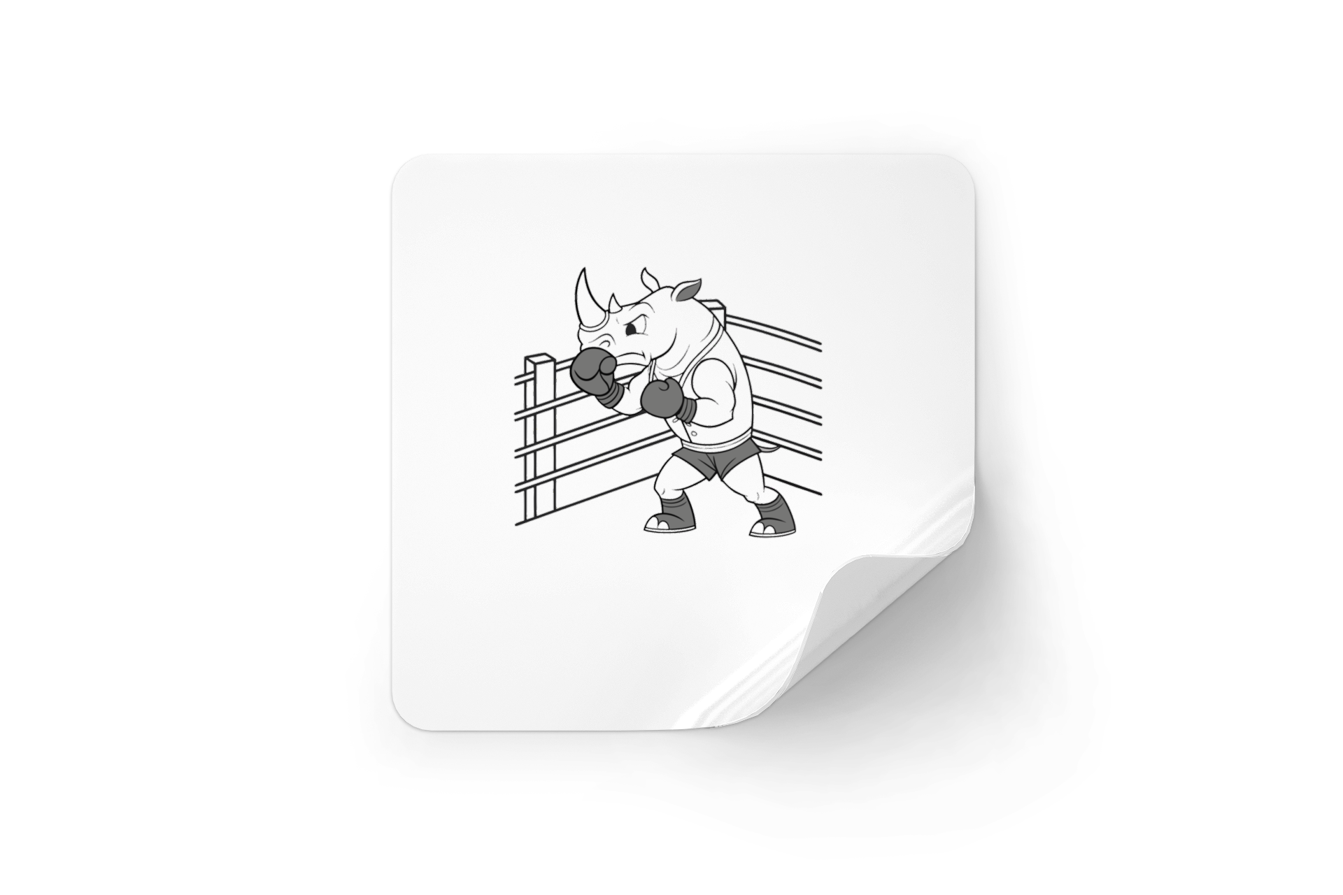 Sticker illustrant un rhinocéros musclé en posture de boxeur sur fond de ring vibrant