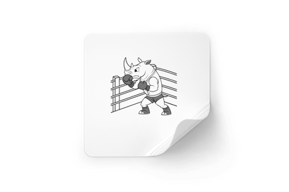Sticker illustrant un rhinocéros musclé en posture de boxeur sur fond de ring vibrant