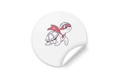 Sticker coloré représentant une tortue joyeuse dans un style aventureux enfantin