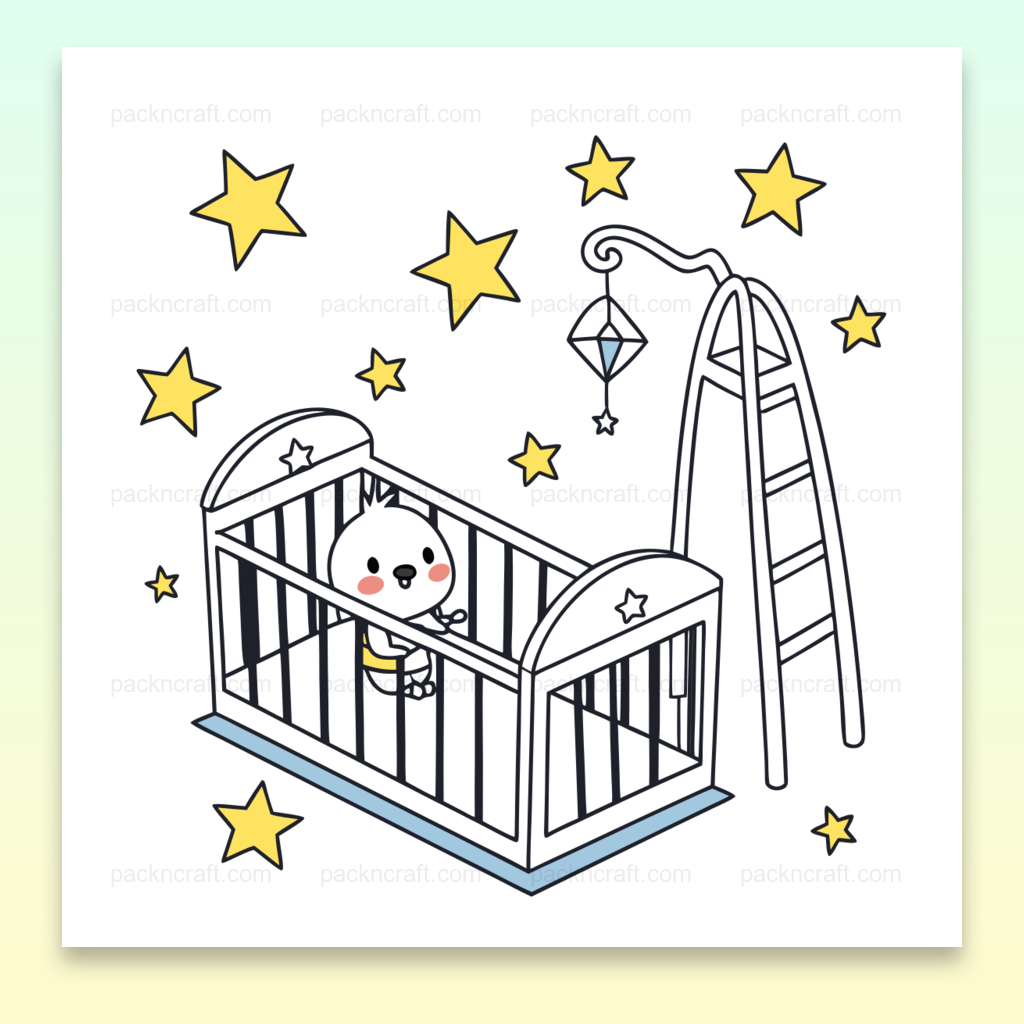 Illustration kawaii de berceau sous étoiles sur produit.