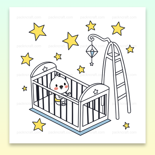 Illustration kawaii de berceau sous étoiles sur produit.