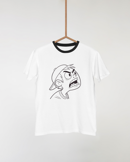T-shirt design expressif avec garçon en ligne contour, style vif et moderne