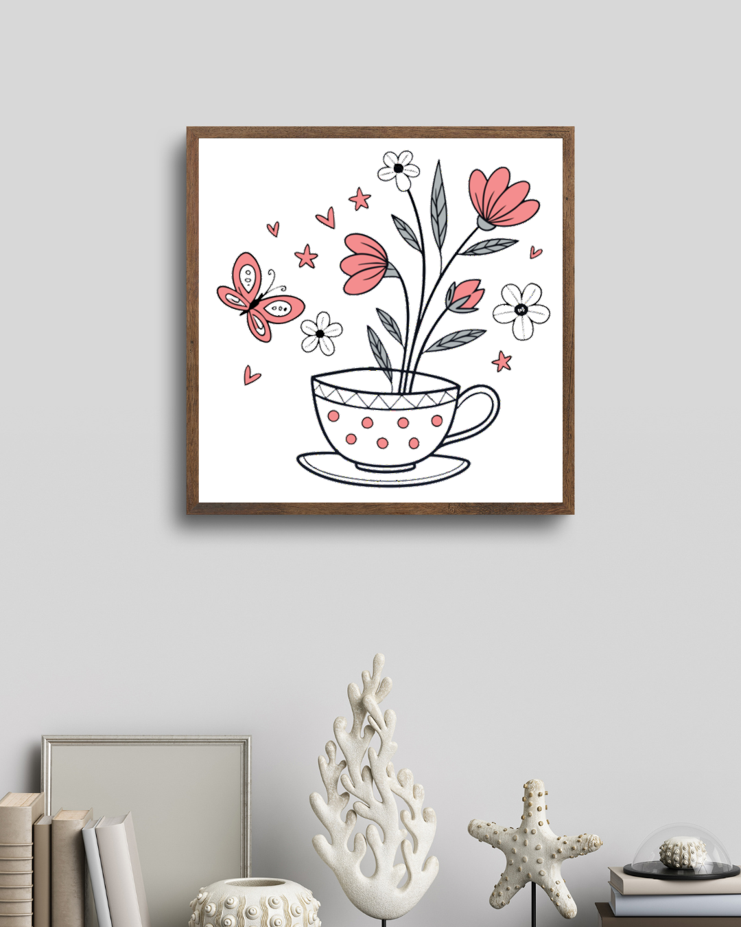 Cadre décoratif avec papillon et fleurs dans un style doodle printanier