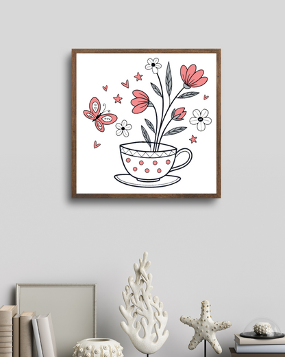 Cadre décoratif avec papillon et fleurs dans un style doodle printanier