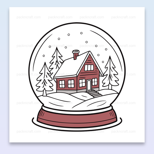 Illustration de maison enneigée dans une boule à neige, fichier numérique idéal pour décoration hivernale.