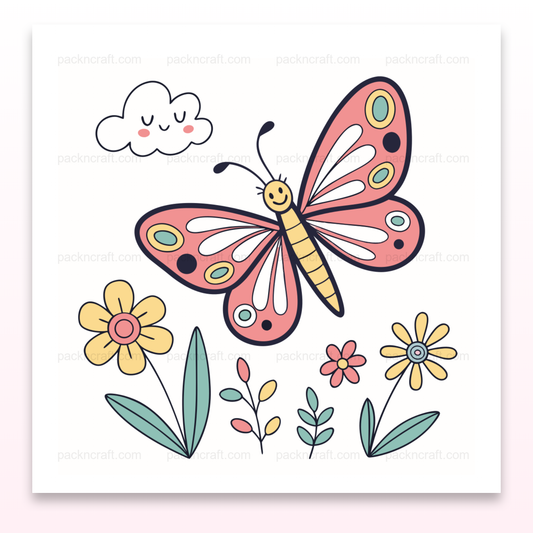 Illustration d'un papillon joyeux volant au-dessus de fleurs, idéale pour projets créatifs et éducatifs.
